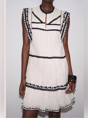 Zara ZW Collection Fully Lined White with Black Embroidered Babydoll Dress Sz Sm